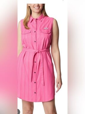 Columbia Sleeveless Belted Shirtdress in Bright Pink